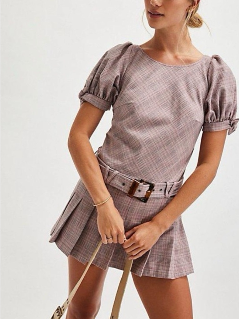 FREE PEOPLE PINK SEVI PLAID PLEATED DROP WAIST BELTED MINI DRESS SZ L - NWOT